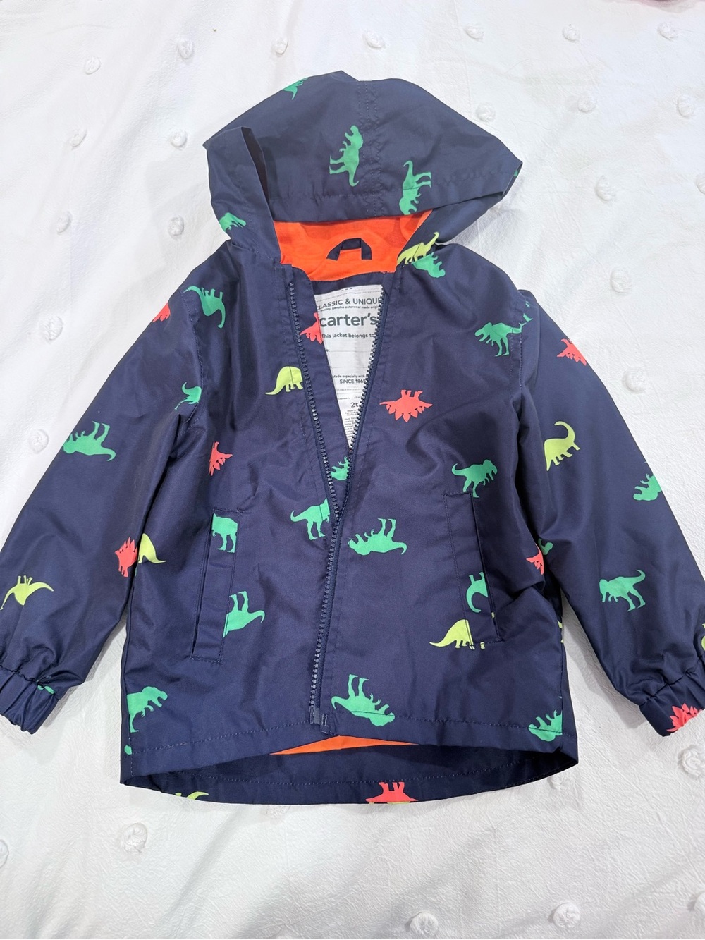 Carter's Navy Hooded Rain Jacket with Green & Red Dino Print